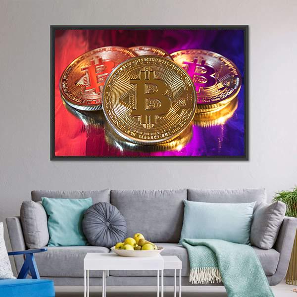 Colorful Bitcoins Canvas Wall Art-3 Horizontal-Gallery Wrap-25" x 16"-Tiaracle