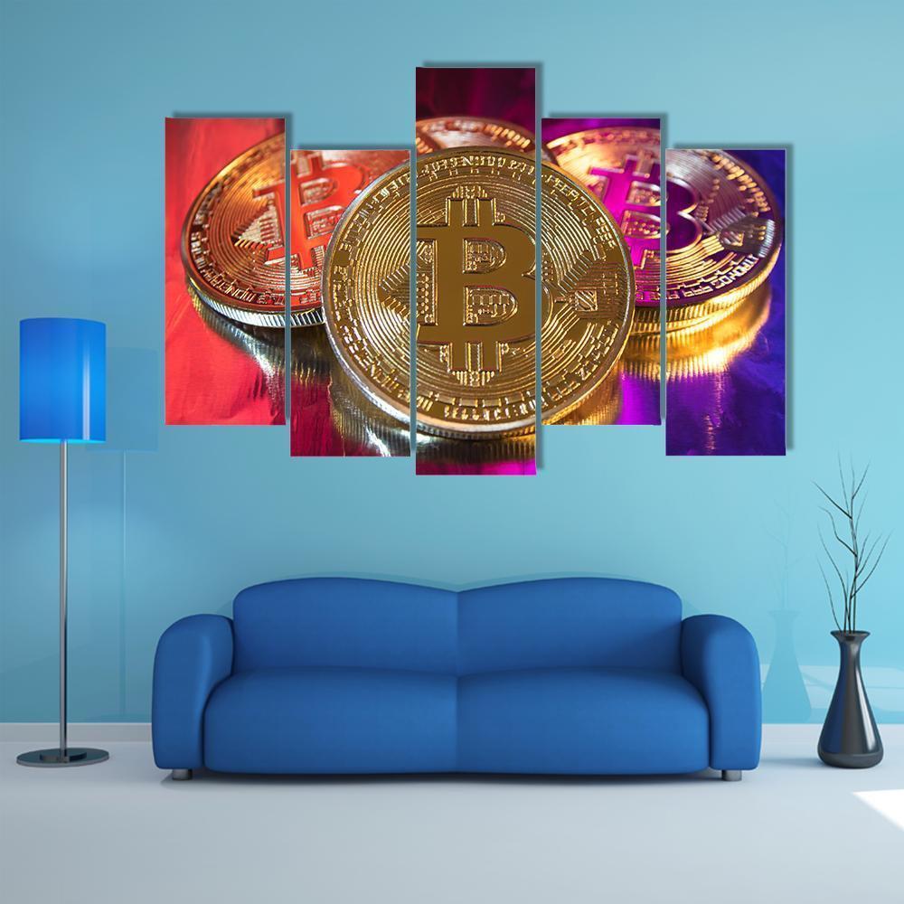 Colorful Bitcoins Canvas Wall Art-5 Pop-Gallery Wrap-47" x 32"-Tiaracle