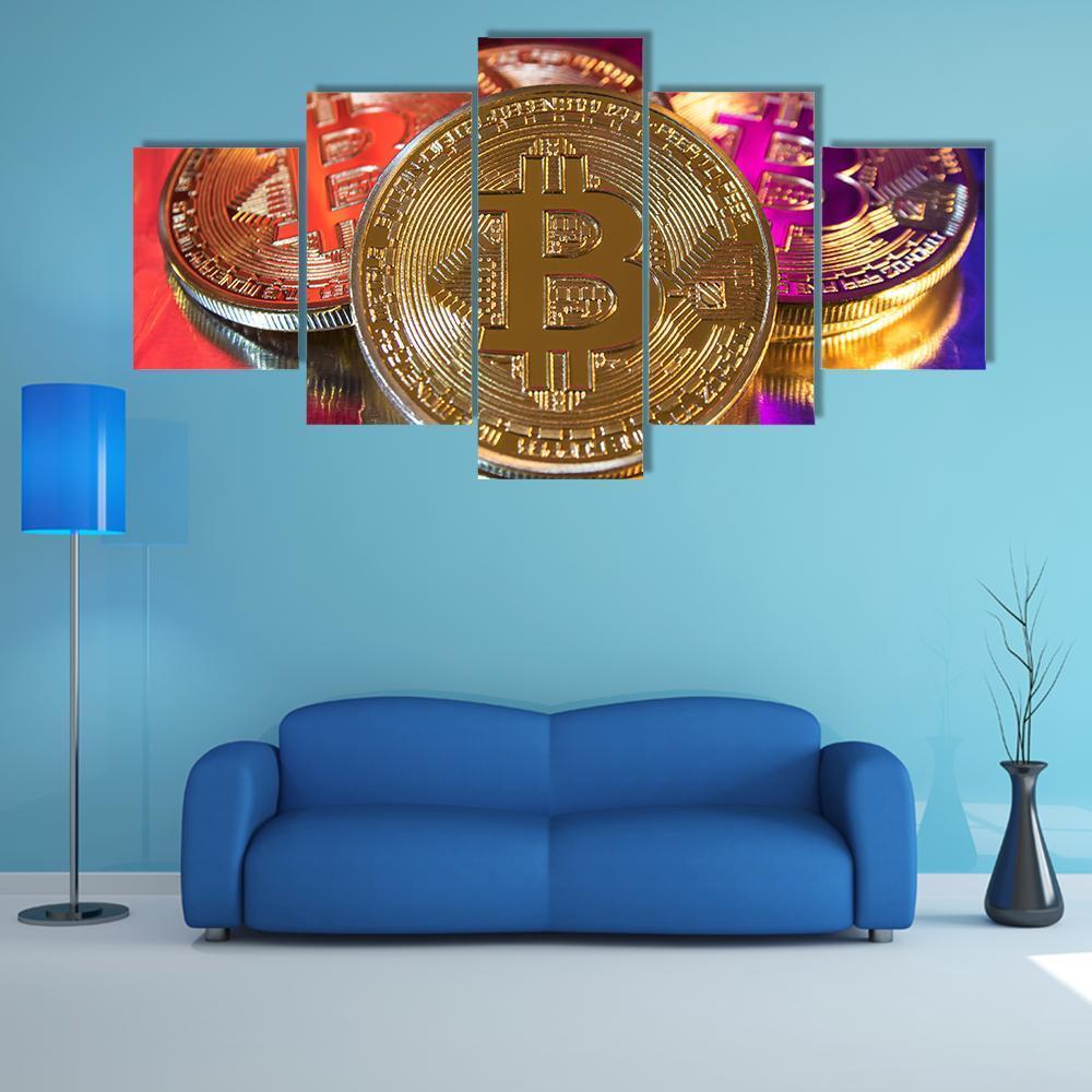 Colorful Bitcoins Canvas Wall Art-5 Star-Gallery Wrap-62" x 32"-Tiaracle
