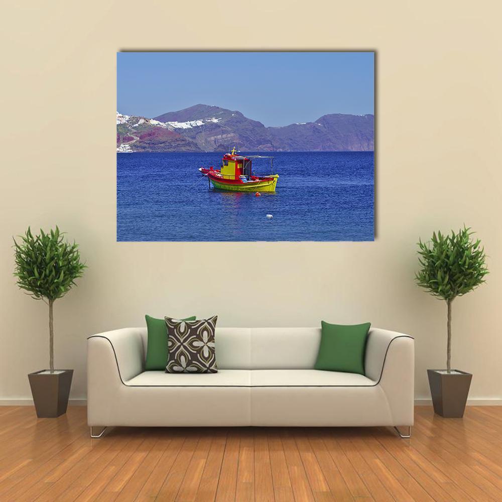 Colorful Fishing Boat on Calm Water Canvas Wall Art in blue and multicolor, single panel hung on a wall