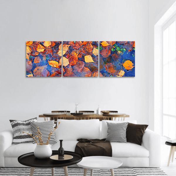 Autumn Leaves In Pond Panoramic Canvas Wall Art-3 Piece-25" x 08"-Tiaracle