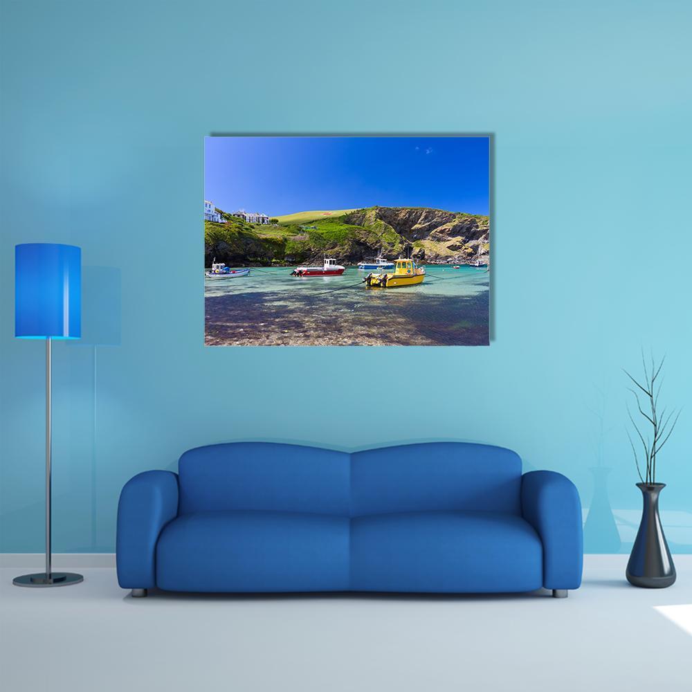 Colorful Fishing Boats in Sunny Harbor Canvas Wall Art in yellow, green and blue, single panel hung on a wall