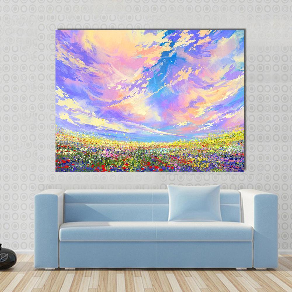 Colorful Flowers in Field Canvas Wall Art in yellow, blue and purple, single panel hung on a wall