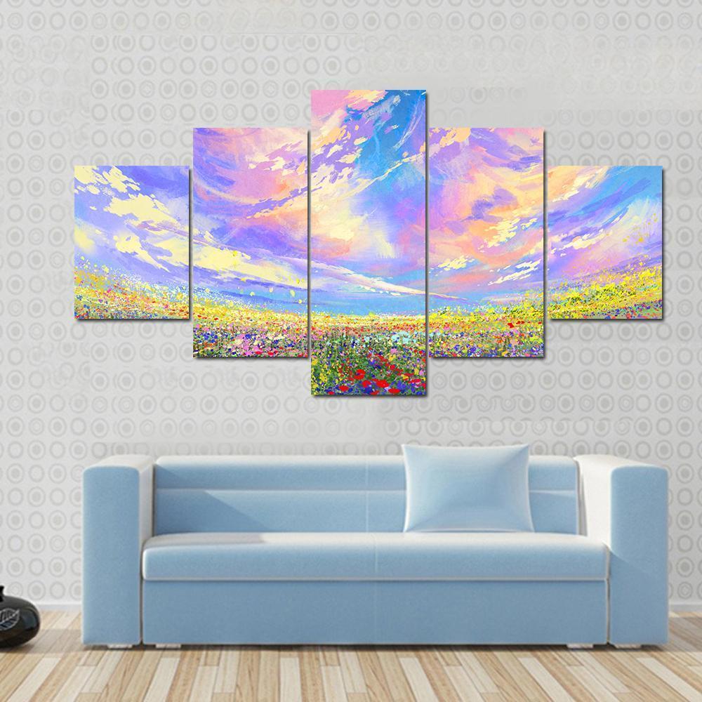 Colorful Flowers In Field Canvas Wall Art-5 Star-Gallery Wrap-62&quot; x 32&quot;-Tiaracle