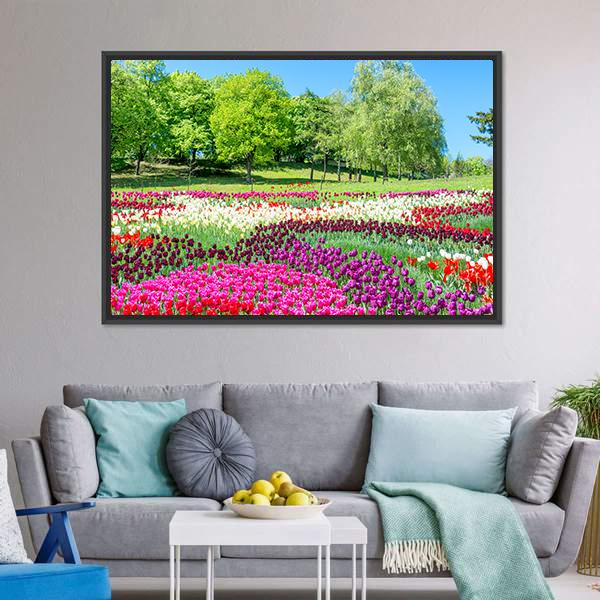 Colorful Flowers In Green Park Canvas Wall Art-1 Piece-Floating Frame-24" x 16"-Tiaracle