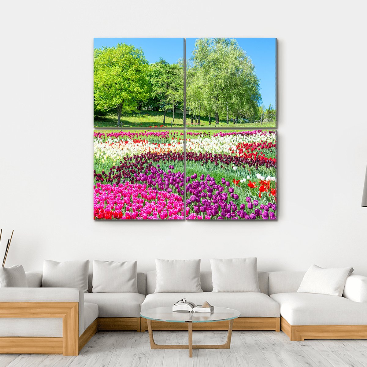 Colorful Flowers In Green Park Canvas Wall Art-4 Square-Gallery Wrap-17" x 17"-Tiaracle
