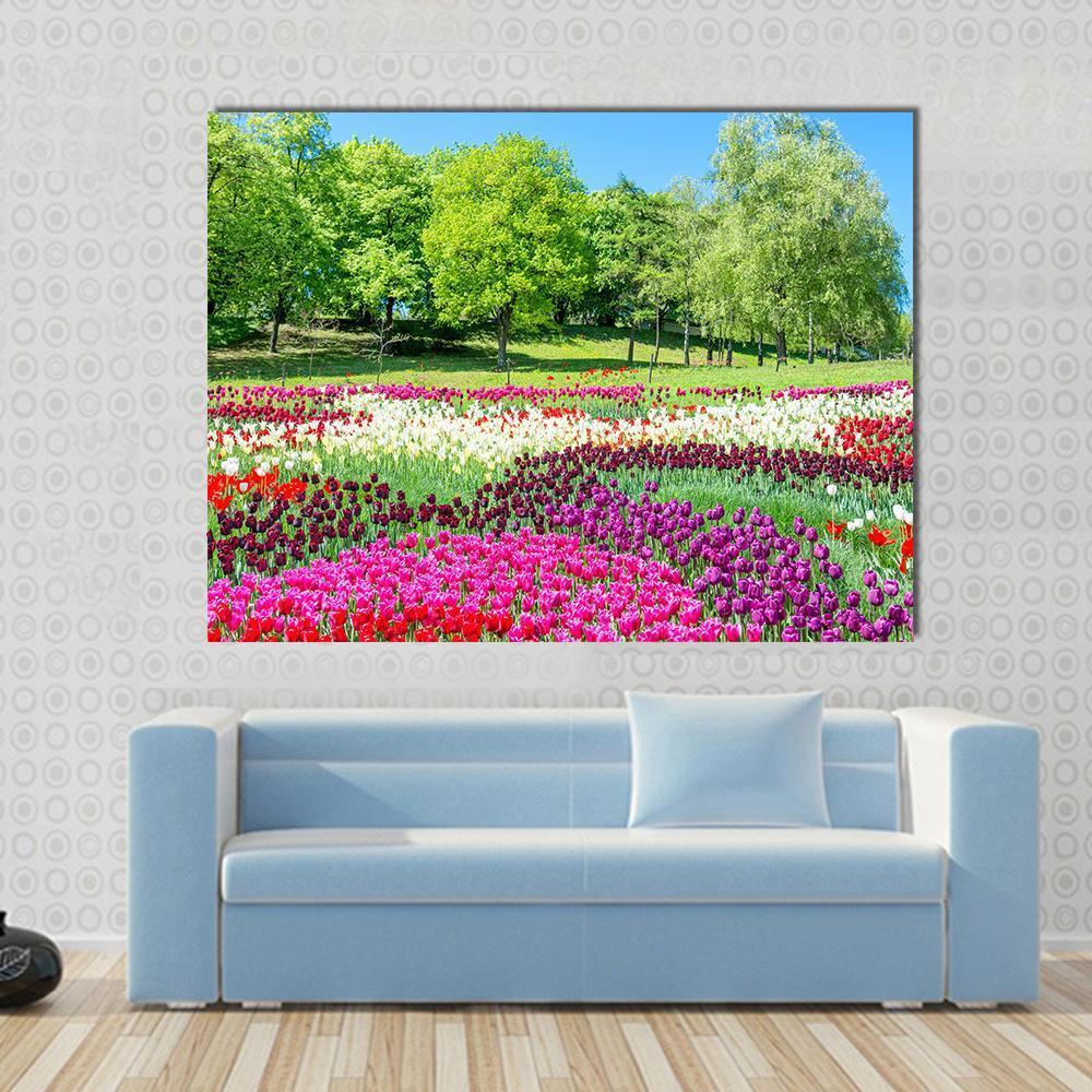 Colorful Flowers In Green Park Canvas Wall Art-5 Star-Gallery Wrap-62" x 32"-Tiaracle