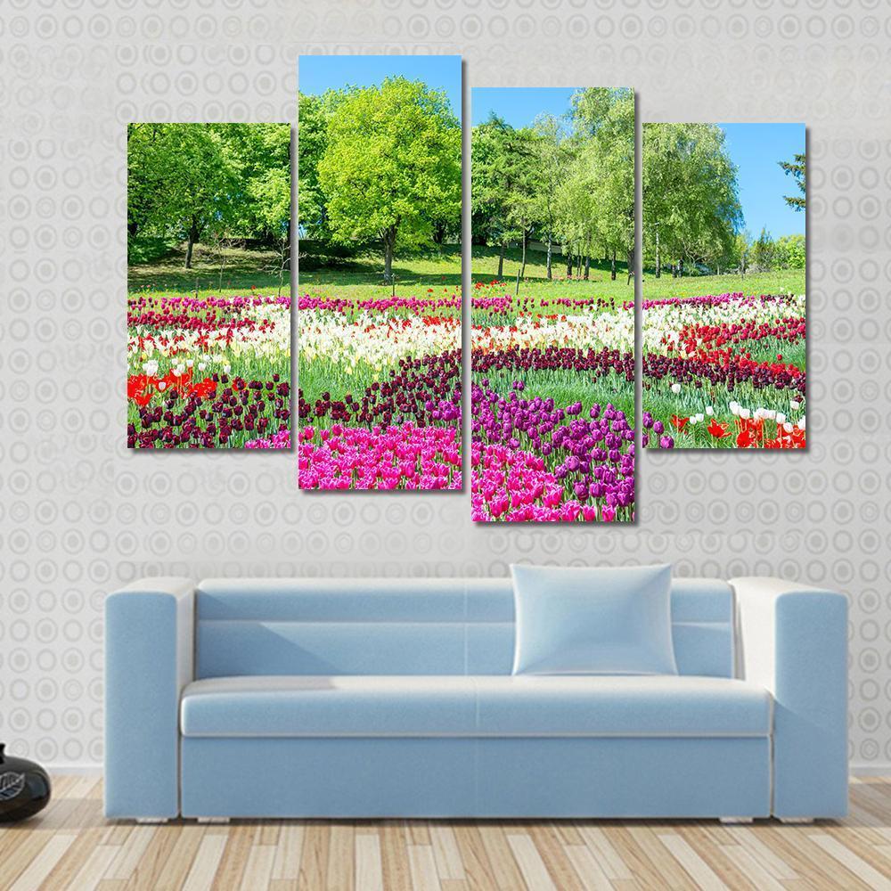 Colorful Flowers In Green Park Canvas Wall Art-4 Pop-Gallery Wrap-50" x 32"-Tiaracle