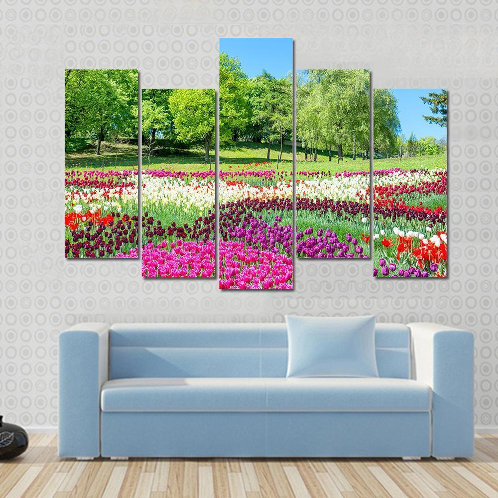 Colorful Flowers In Green Park Canvas Wall Art-5 Pop-Gallery Wrap-47" x 32"-Tiaracle