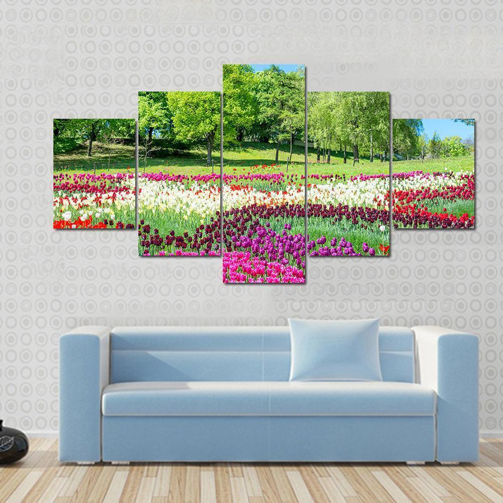 Colorful Flowers In Green Park Canvas Wall Art-5 Star-Gallery Wrap-62" x 32"-Tiaracle