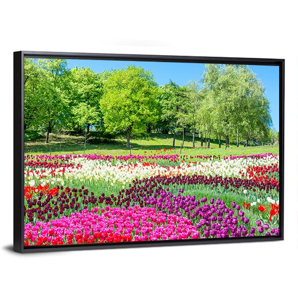 Colorful Flowers In Green Park Canvas Wall Art-3 Horizontal-Gallery Wrap-25" x 16"-Tiaracle