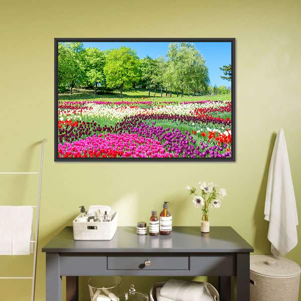 Colorful Flowers In Green Park Canvas Wall Art-1 Piece-Floating Frame-24" x 16"-Tiaracle