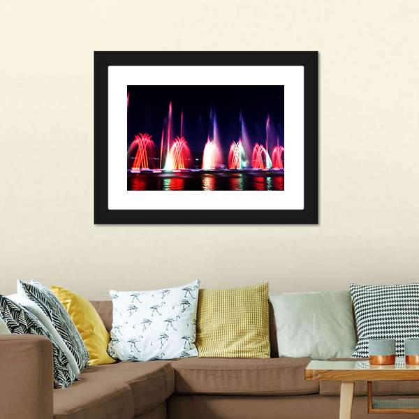 Colorful Fountain At Night Canvas Wall Art-1 Piece-Framed Print-20" x 16"-Tiaracle