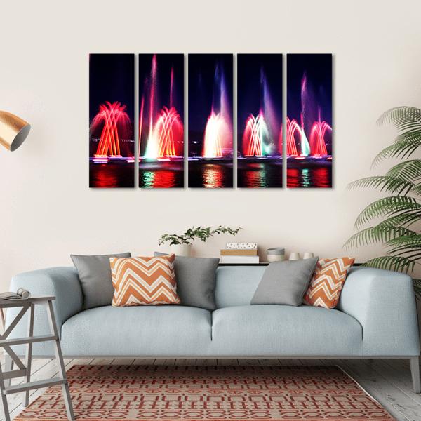 Colorful Fountain At Night Canvas Wall Art-5 Horizontal-Gallery Wrap-22" x 12"-Tiaracle