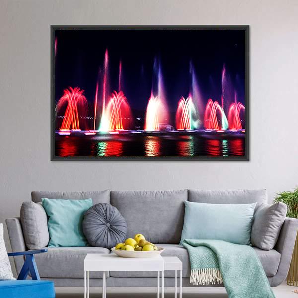 Colorful Fountain At Night Canvas Wall Art-5 Horizontal-Gallery Wrap-22" x 12"-Tiaracle