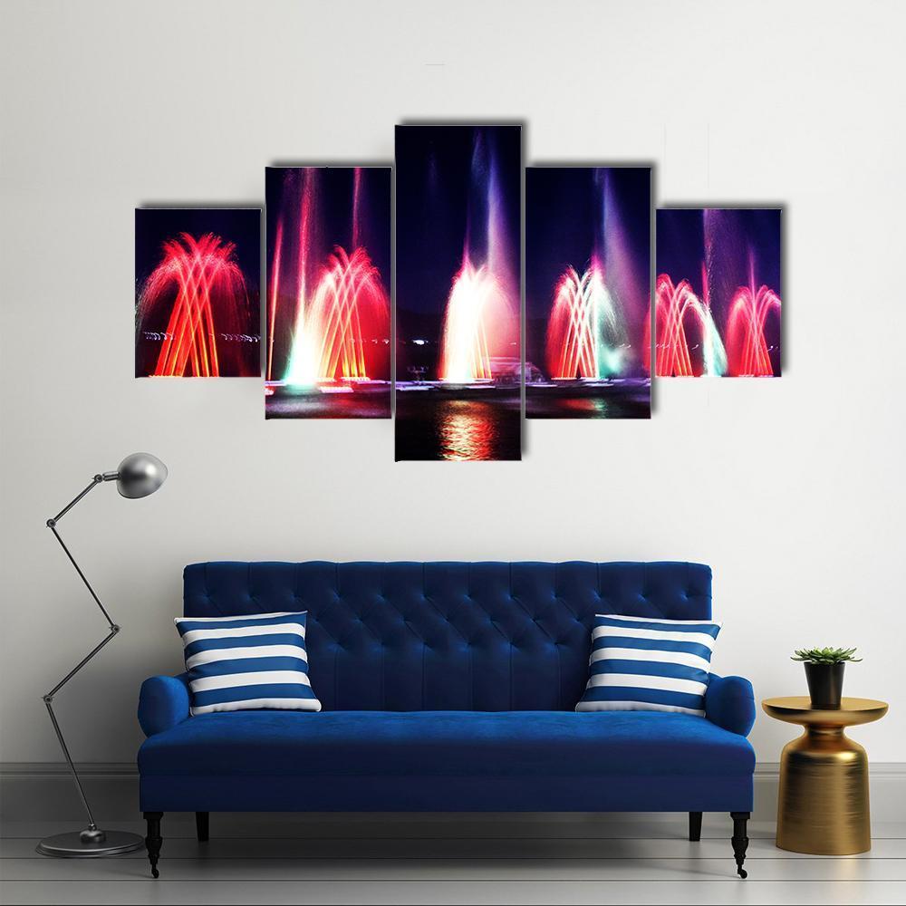 Colorful Fountain At Night Canvas Wall Art-5 Pop-Gallery Wrap-47" x 32"-Tiaracle