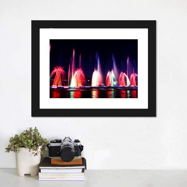 Colorful Fountain At Night Panoramic Canvas Wall Art-1 Piece-36" x 12"-Tiaracle