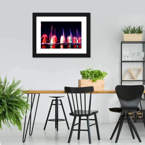 Colorful Fountain At Night Panoramic Canvas Wall Art-1 Piece-36" x 12"-Tiaracle