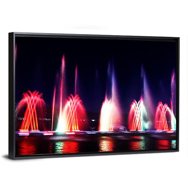Colorful Fountain At Night Panoramic Canvas Wall Art-1 Piece-36" x 12"-Tiaracle