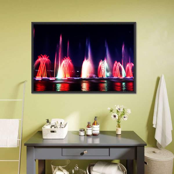 Colorful Fountain At Night Panoramic Canvas Wall Art-1 Piece-36" x 12"-Tiaracle