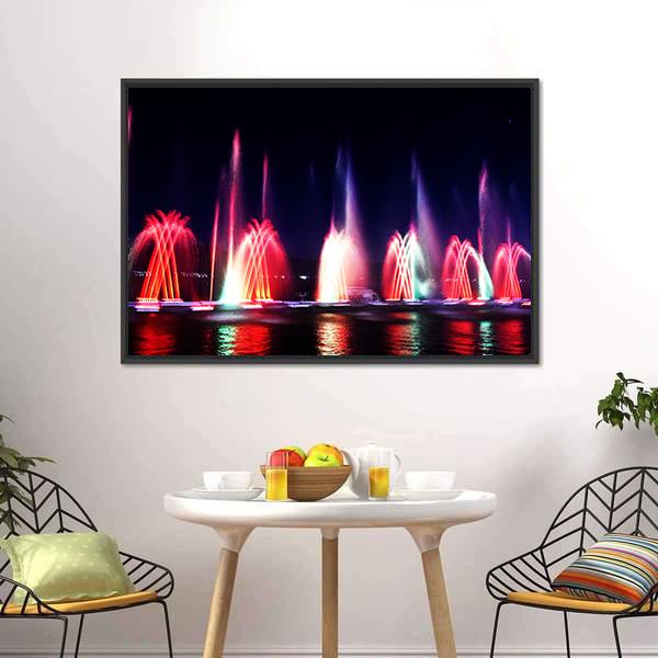Colorful Fountain At Night Panoramic Canvas Wall Art-1 Piece-36" x 12"-Tiaracle