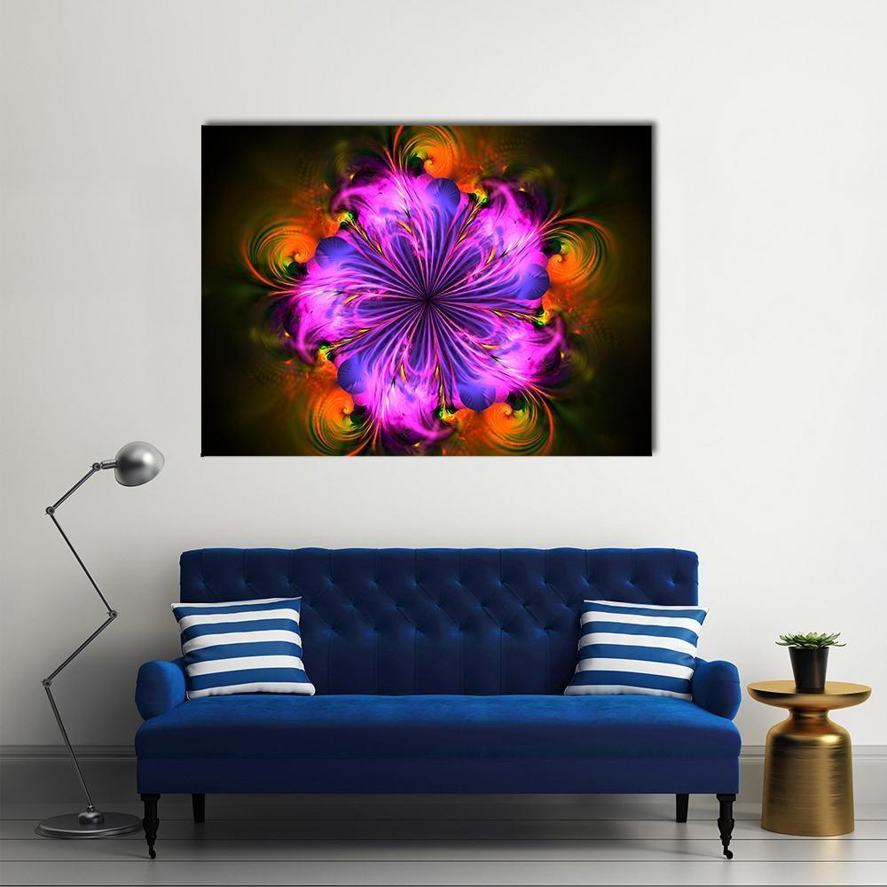 Vibrant Fractal Flower Canvas Wall Art in black, purple and pink, single panel hung on a wall