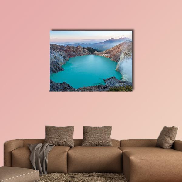 Ijen Volcano Crater Lake Canvas Wall Art in gray, brown and blue, single panel hung on a wall