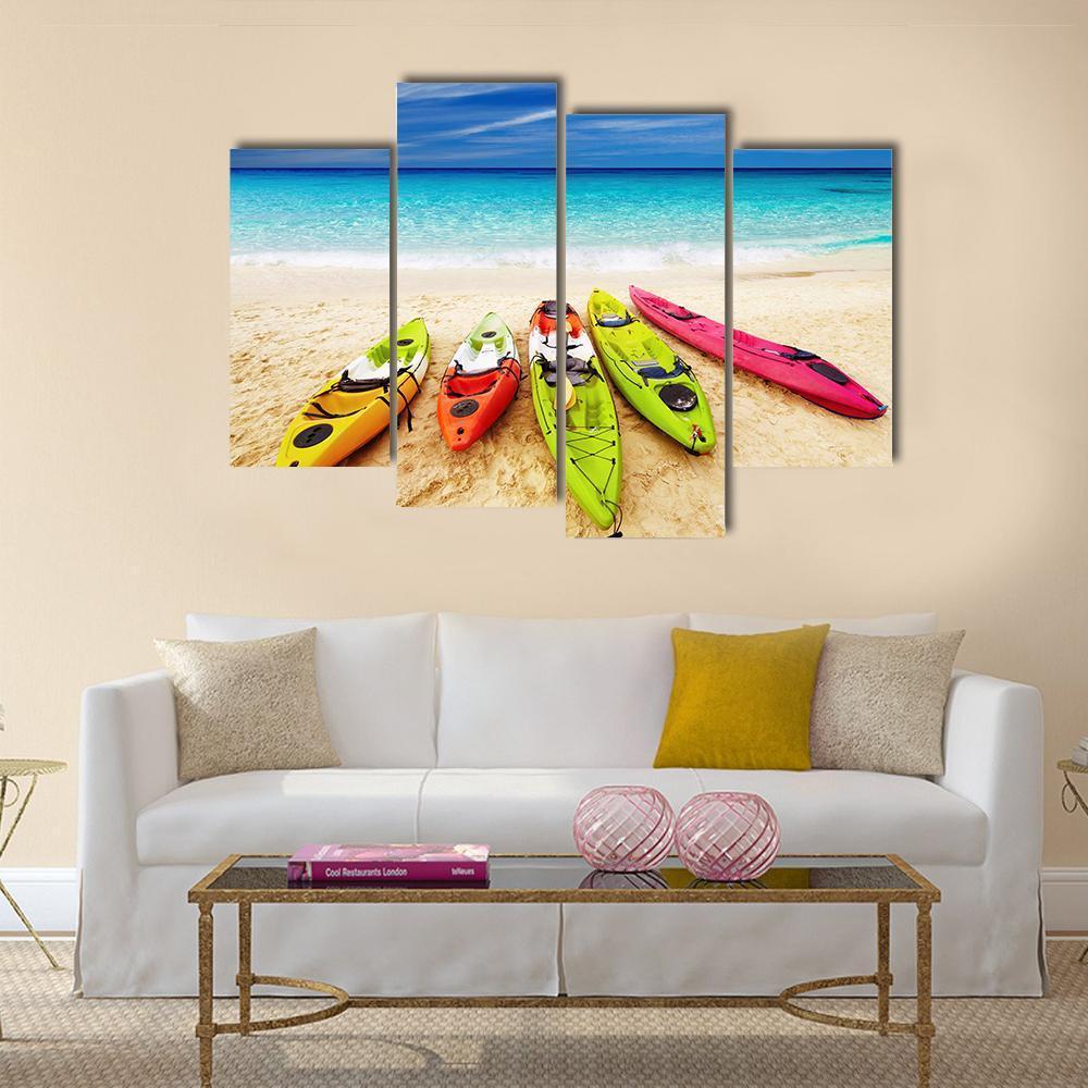 Colorful Kayaks On Beach Canvas Wall Art-4 Pop-Gallery Wrap-50&quot; x 32&quot;-Tiaracle