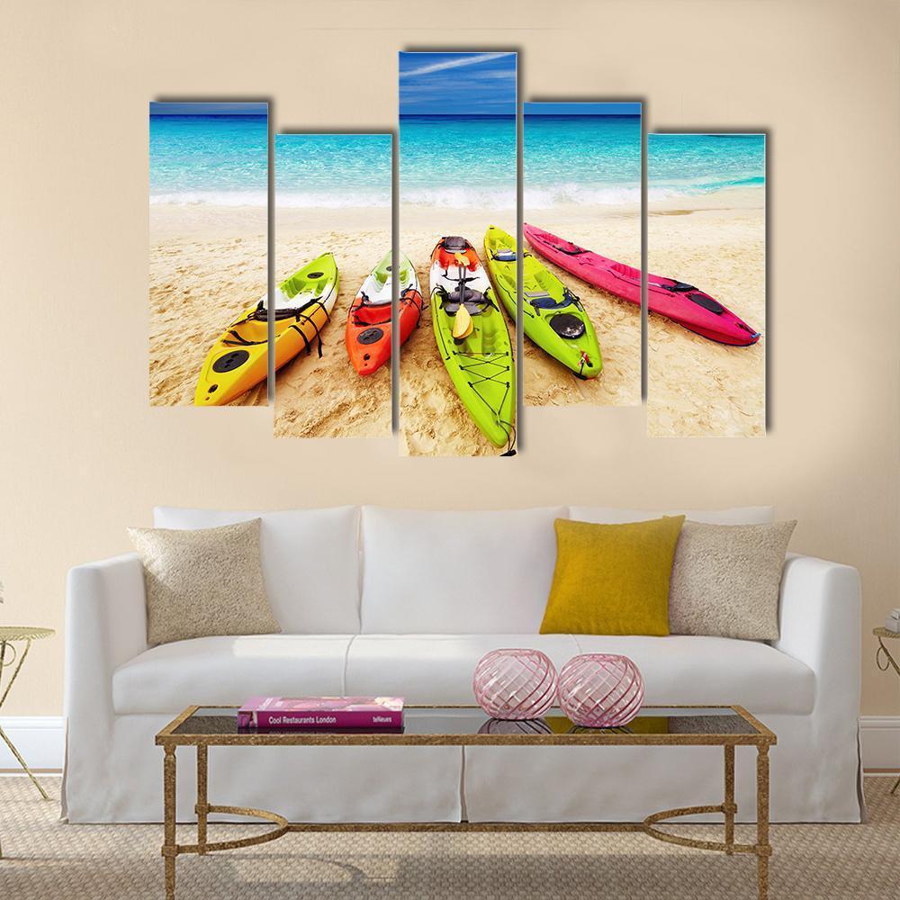 Colorful Kayaks On Beach Canvas Wall Art-5 Pop-Gallery Wrap-47&quot; x 32&quot;-Tiaracle