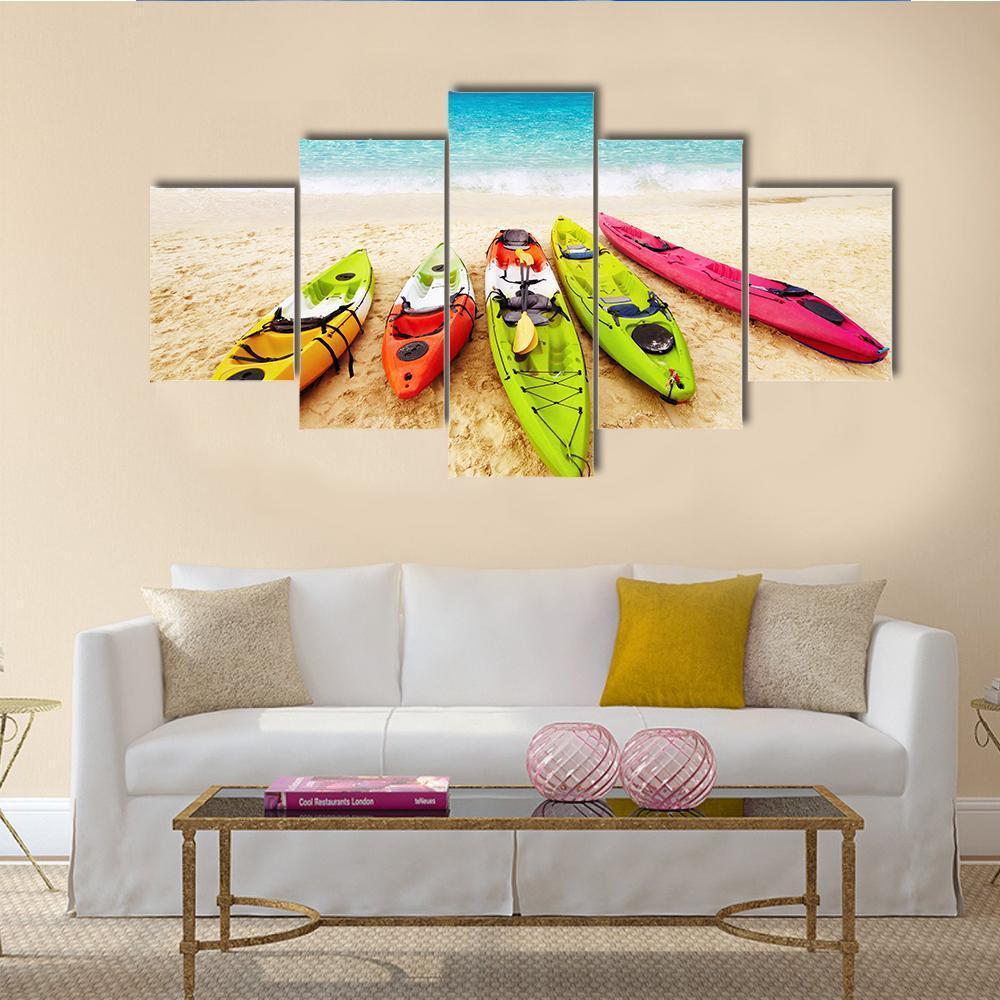 Colorful Kayaks On Beach Canvas Wall Art-3 Horizontal-Gallery Wrap-37" x 24"-Tiaracle