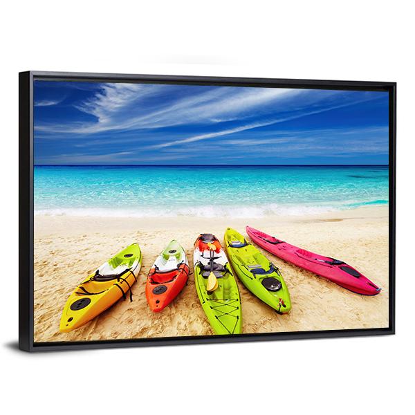 Colorful Kayaks On Beach Canvas Wall Art-3 Horizontal-Gallery Wrap-25&quot; x 16&quot;-Tiaracle