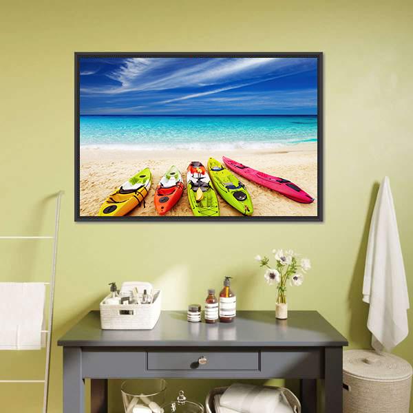 Colorful Kayaks On Beach Canvas Wall Art-3 Horizontal-Gallery Wrap-25&quot; x 16&quot;-Tiaracle