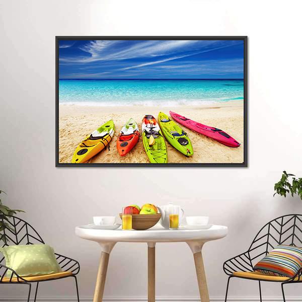 Colorful Kayaks On Beach Canvas Wall Art-1 Piece-Floating Frame-24&quot; x 16&quot;-Tiaracle