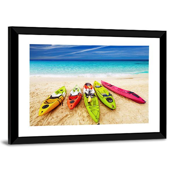 Colorful Kayaks On Beach Canvas Wall Art-3 Horizontal-Gallery Wrap-25&quot; x 16&quot;-Tiaracle