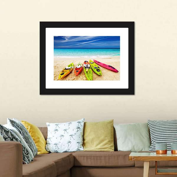 Colorful Kayaks On Beach Canvas Wall Art-1 Piece-Framed Print-20&quot; x 16&quot;-Tiaracle