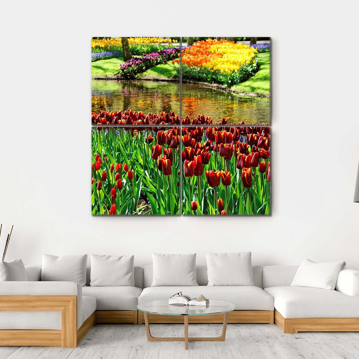 Colorful Keukenhof Tulip Garden Canvas Wall Art in red, yellow and green, hung on a wall