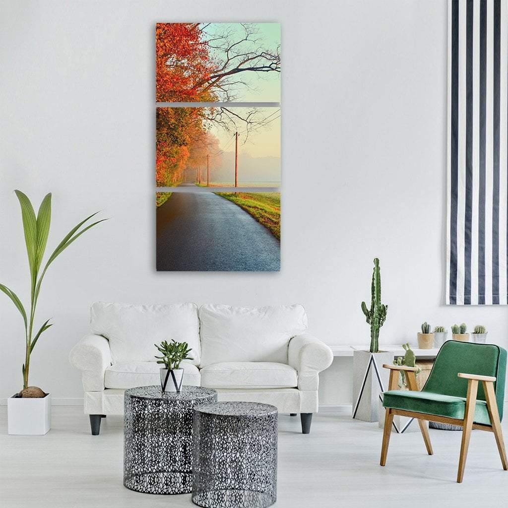 Foggy Road In Autumn Vertical Canvas Wall Art-3 Vertical-Gallery Wrap-12" x 25"-Tiaracle