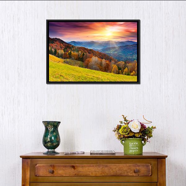 Colorful Mountain at Sunset Canvas Wall Art in orange, yellow and purple, framed canvas, product view on a white background