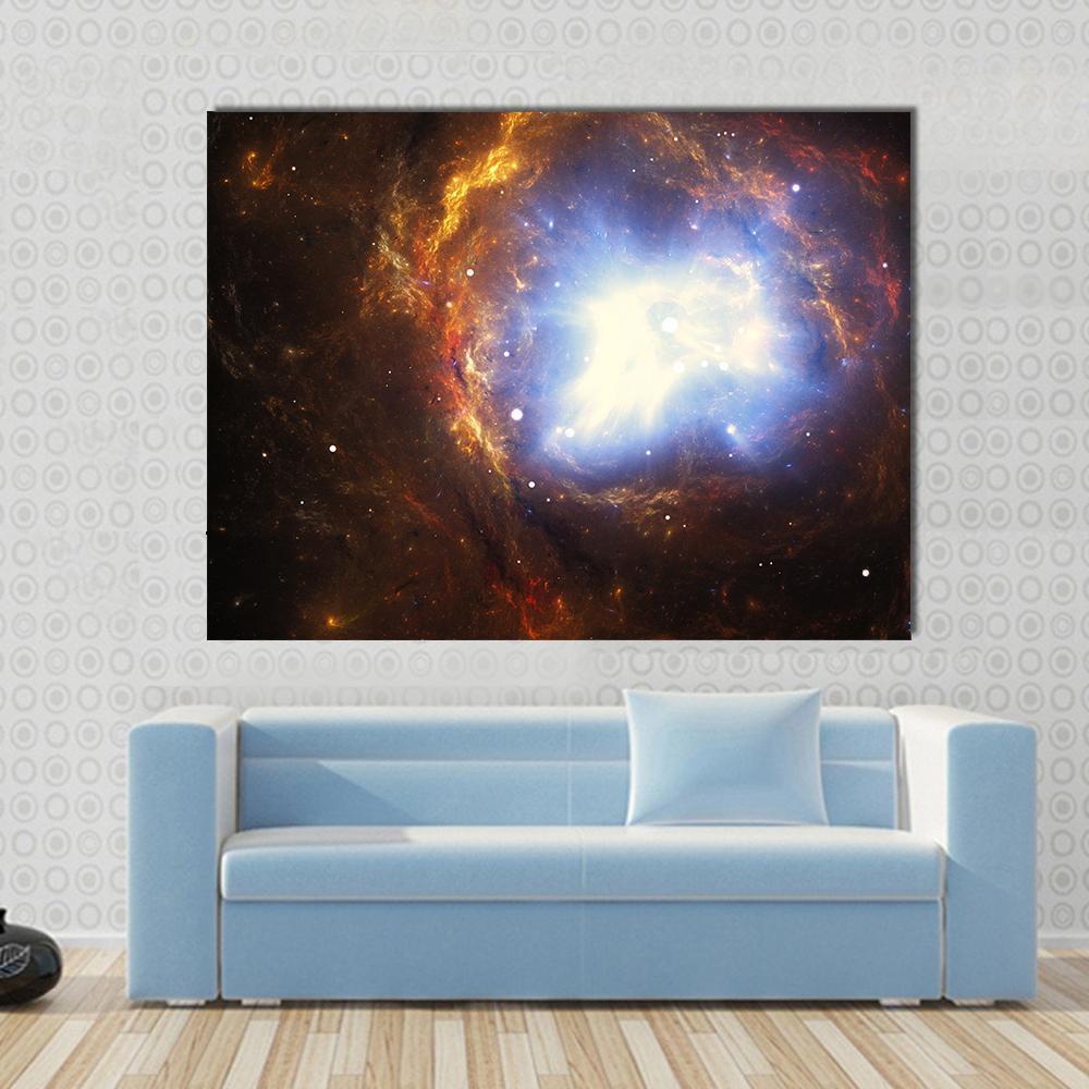 Colorful Nebula Canvas Wall Art in black, orange and blue, single panel hung on a wall
