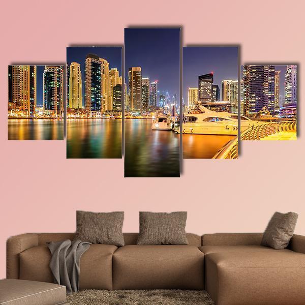 Colorful Night In Dubai Canvas Wall Art-5 Star-Gallery Wrap-62" x 32"-Tiaracle