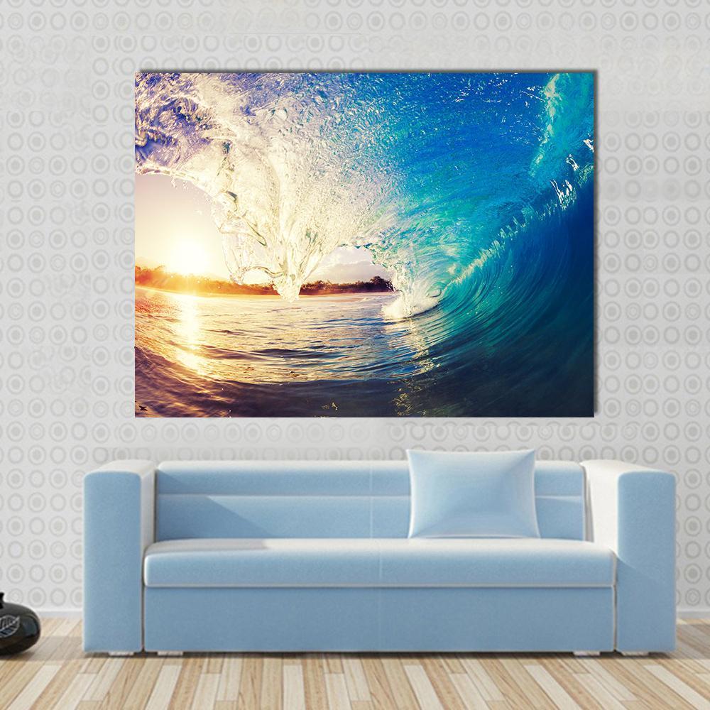 Colorful Ocean Wave Canvas Wall Art in white, yellow and blue, single panel hung on a wall