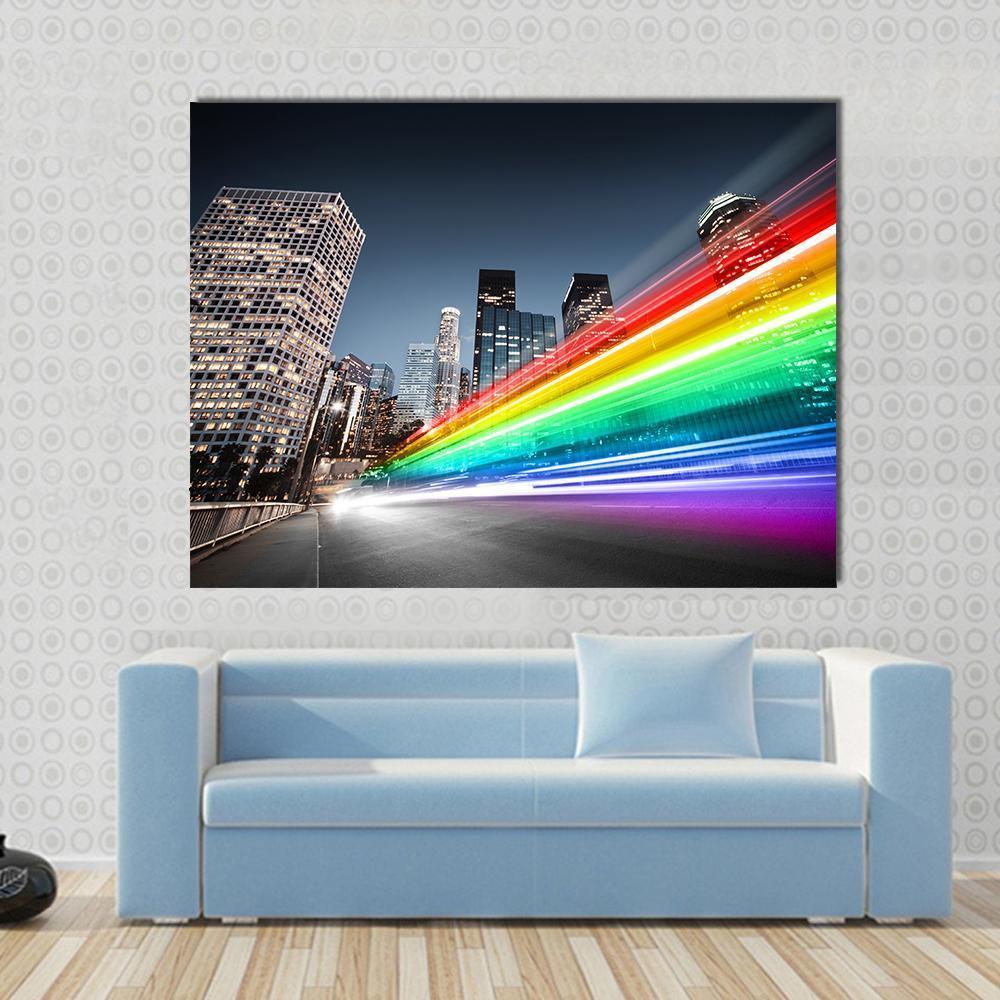 Colorful Rainbow Bus Traffic Canvas Wall Art in black and multicolor, single panel hung on a wall