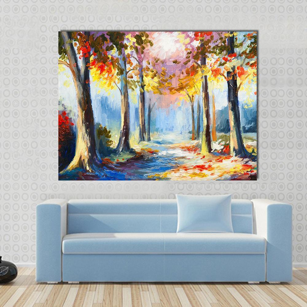 Colorful Spring Landscape Canvas Wall Art in yellow, blue and multicolor, single panel hung on a wall