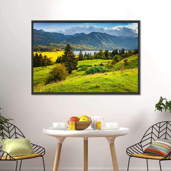 Morning On Bohinj Lake Canvas Wall Art-1 Piece-Floating Frame-24" x 16"-Tiaracle
