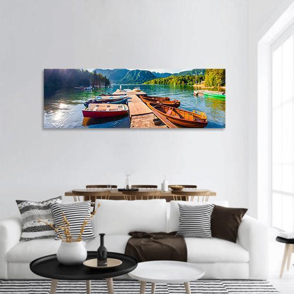Boats In Bohinj Lake Panoramic Canvas Wall Art-3 Piece-25" x 08"-Tiaracle