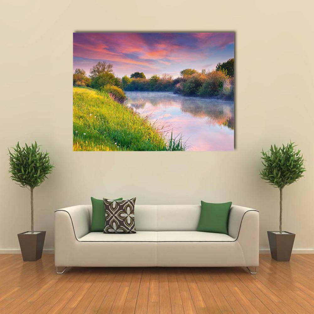 Colorful Sunrise On River Canvas Wall Art-1 Piece-Gallery Wrap-48" x 32"-Tiaracle