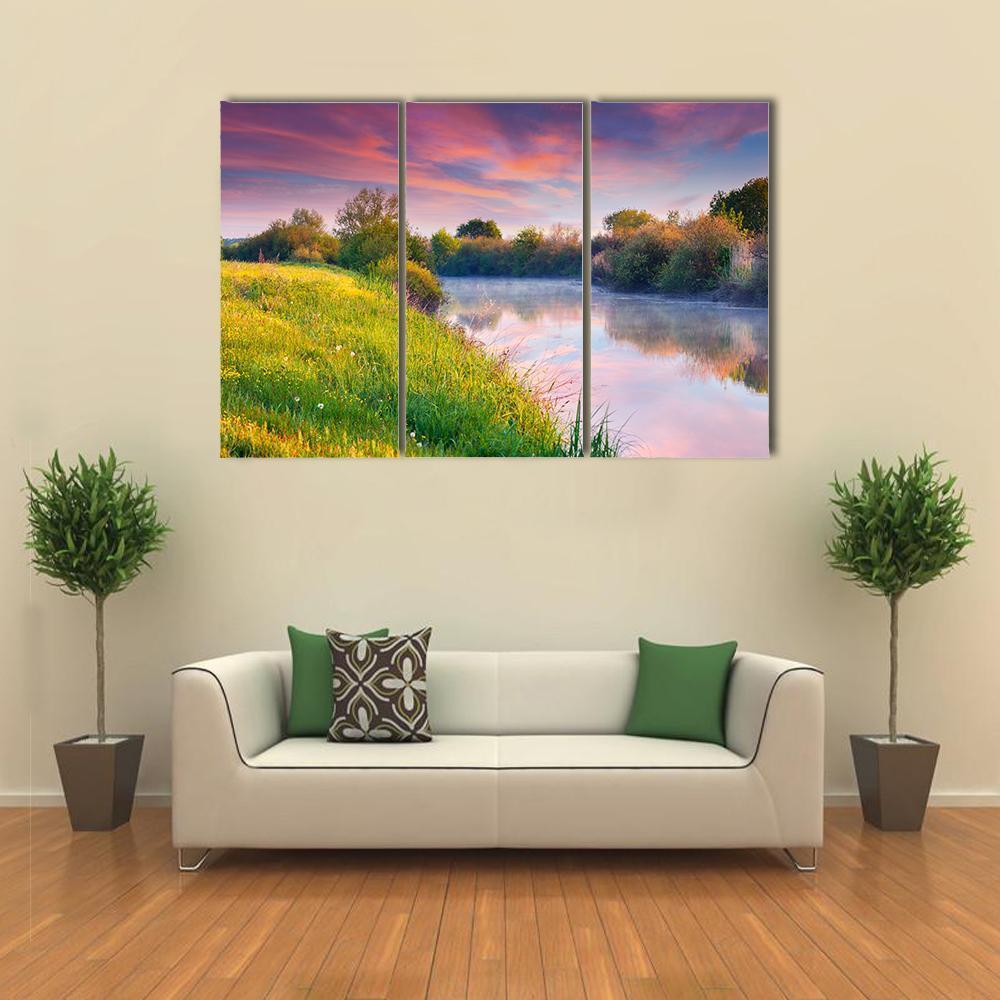Colorful Sunrise On River Canvas Wall Art-3 Horizontal-Gallery Wrap-37" x 24"-Tiaracle