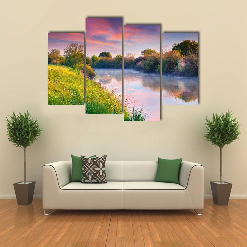Colorful Sunrise On River Canvas Wall Art-4 Pop-Gallery Wrap-50" x 32"-Tiaracle