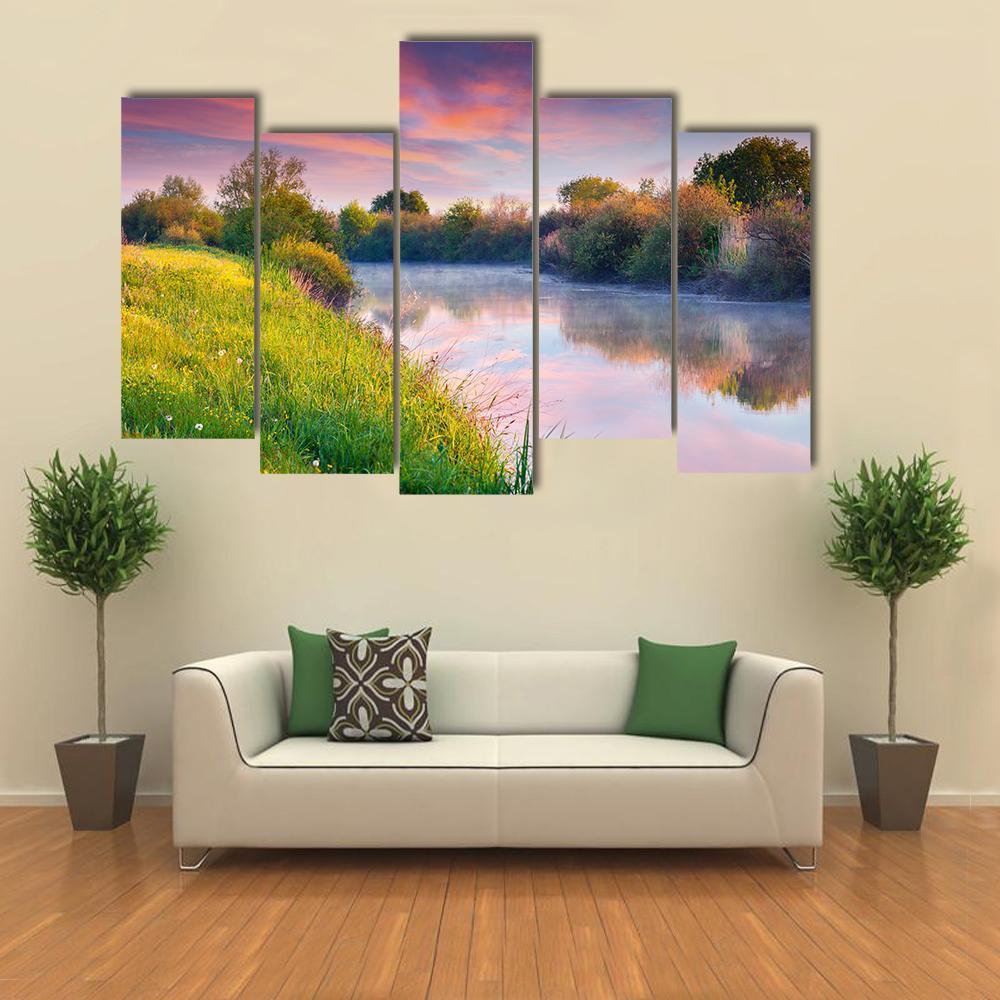 Colorful Sunrise On River Canvas Wall Art-5 Pop-Gallery Wrap-47" x 32"-Tiaracle