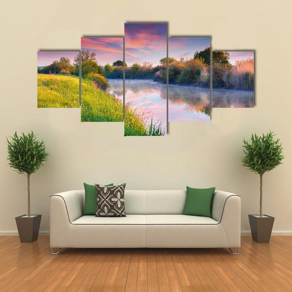 Colorful Sunrise On River Canvas Wall Art-5 Star-Gallery Wrap-62" x 32"-Tiaracle